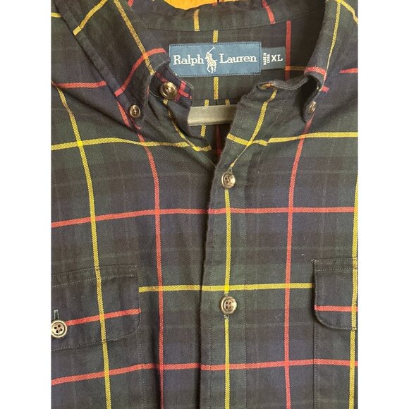 VTG 90s Ralph Lauren Plaid Button Shirt XL Mens Red Yellow Dark Green Navy Pony - Picture 5 of 5
